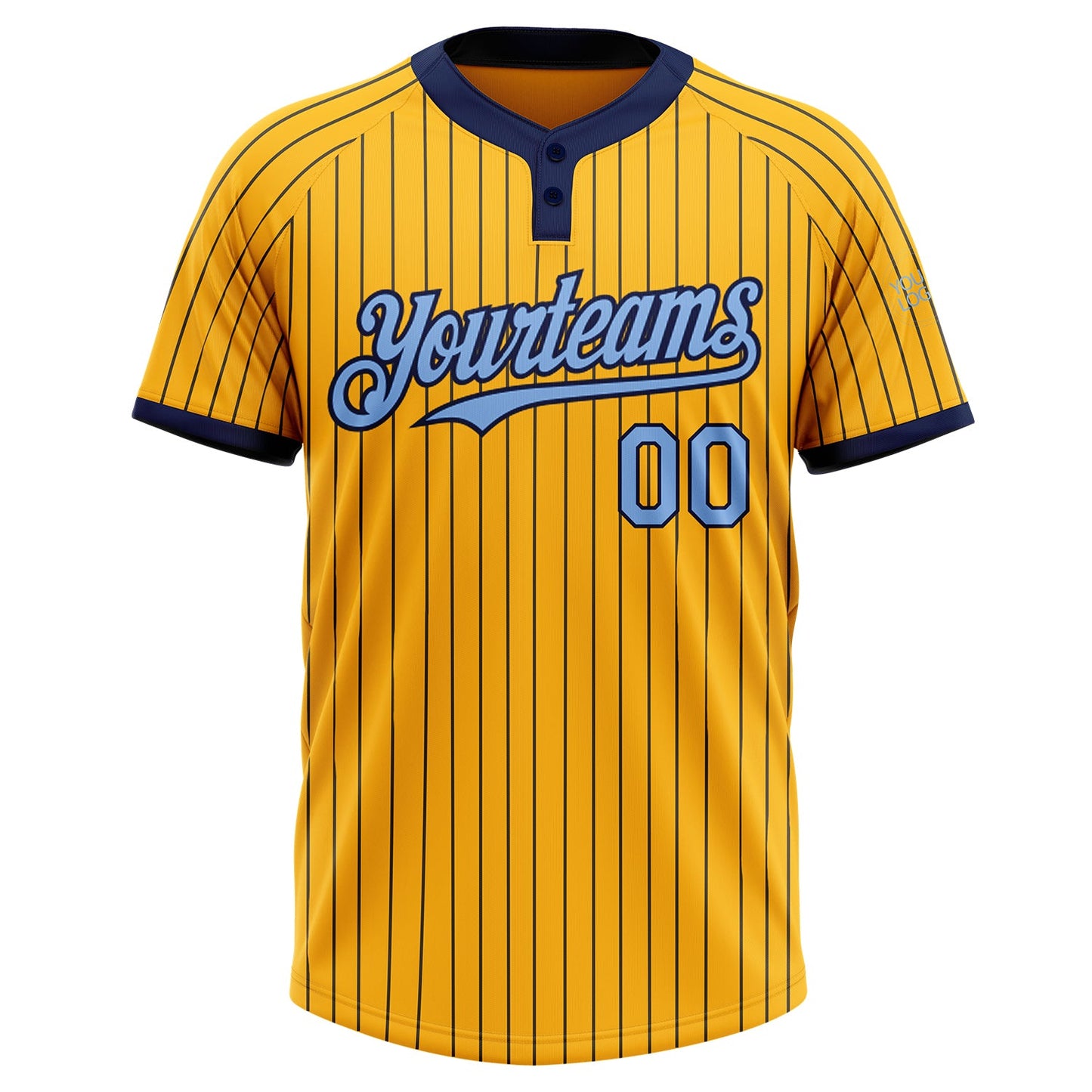 Custom Gold Navy Pinstripe Light Blue Two-Button Unisex Softball Jersey view 2