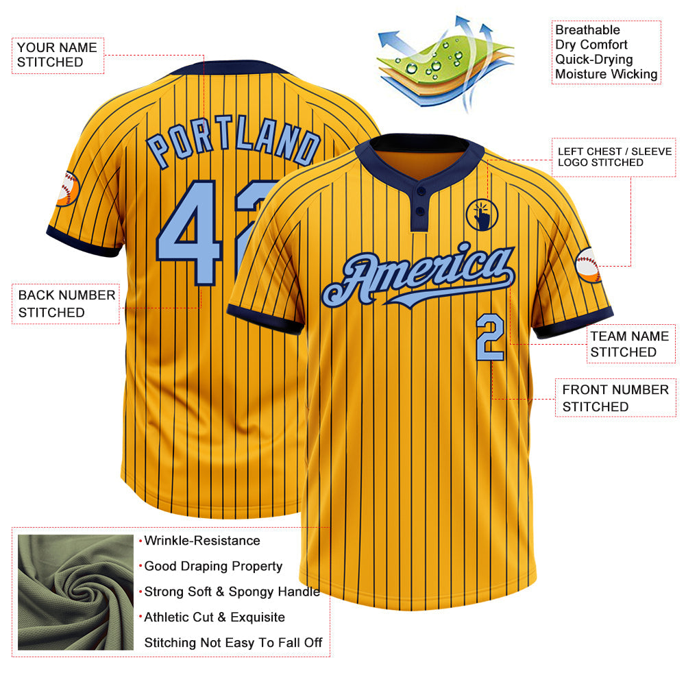 Custom Gold Navy Pinstripe Light Blue Two-Button Unisex Softball Jersey view 3