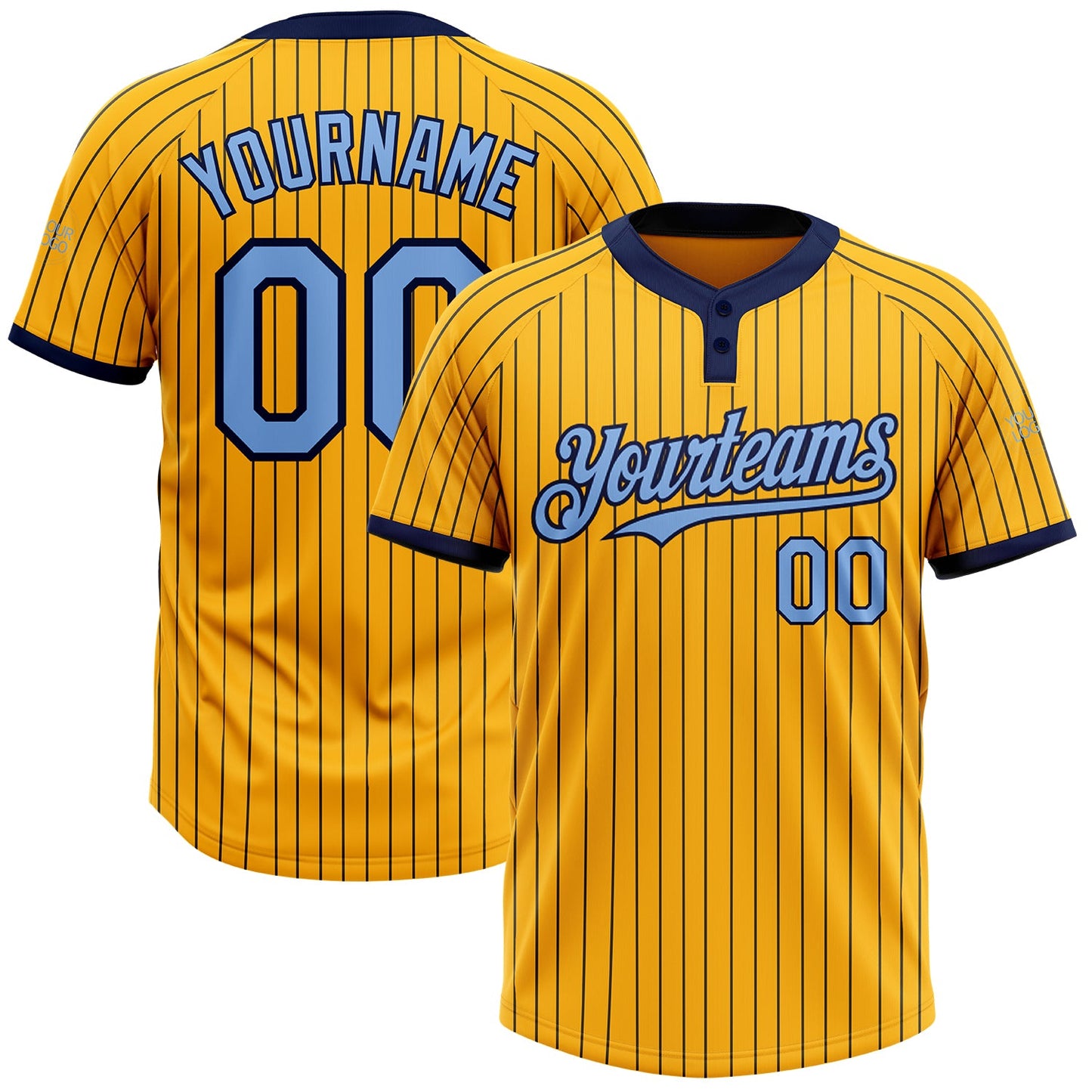 Custom Gold Navy Pinstripe Light Blue Two-Button Unisex Softball Jersey - Main View