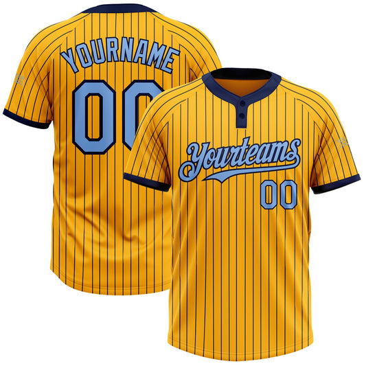 Custom Gold Navy Pinstripe Light Blue Two-Button Unisex Softball Jersey - Main View