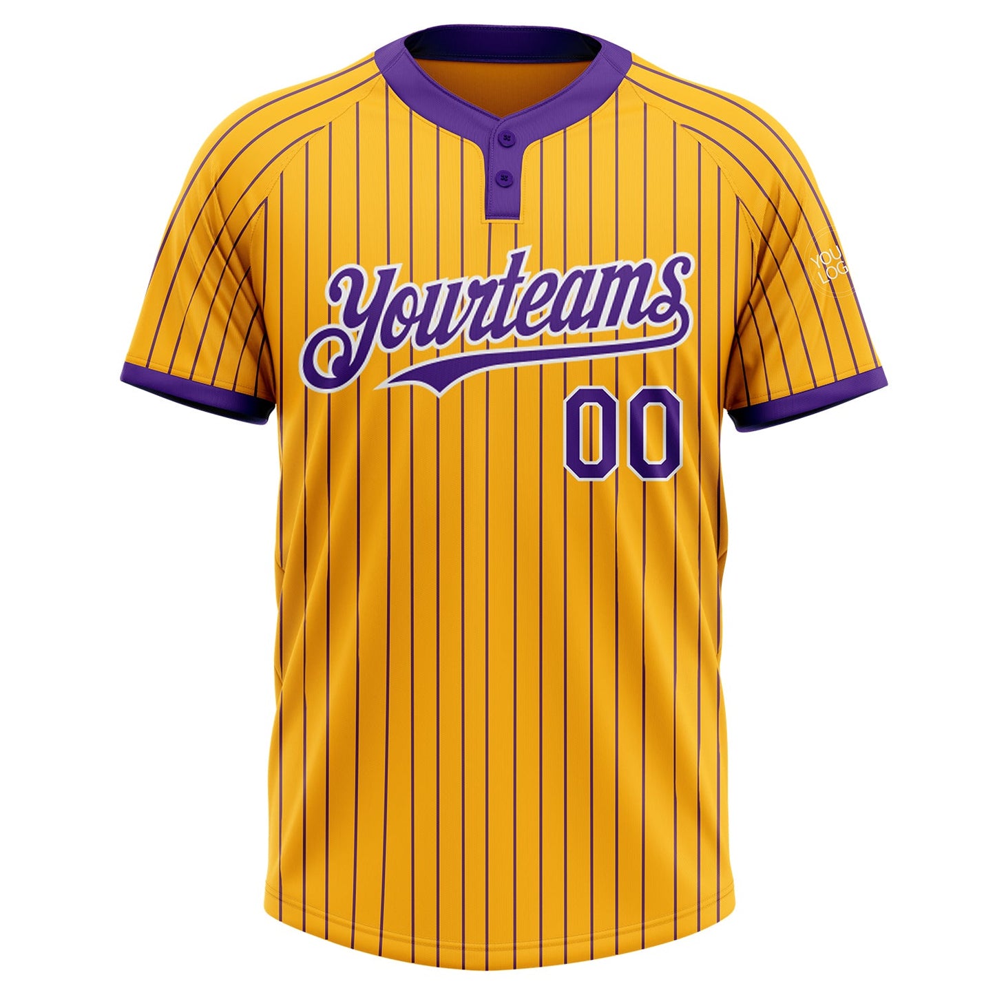 Custom Gold Purple Pinstripe White Two-Button Unisex Softball Jersey view 2