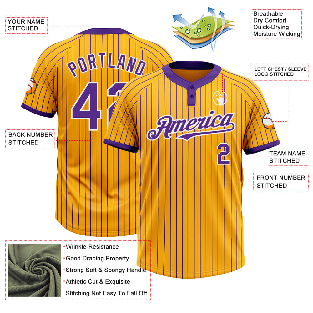 Custom Gold Purple Pinstripe White Two-Button Unisex Softball Jersey view 3