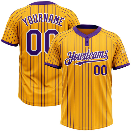 Custom Gold Purple Pinstripe White Two-Button Unisex Softball Jersey - Main View