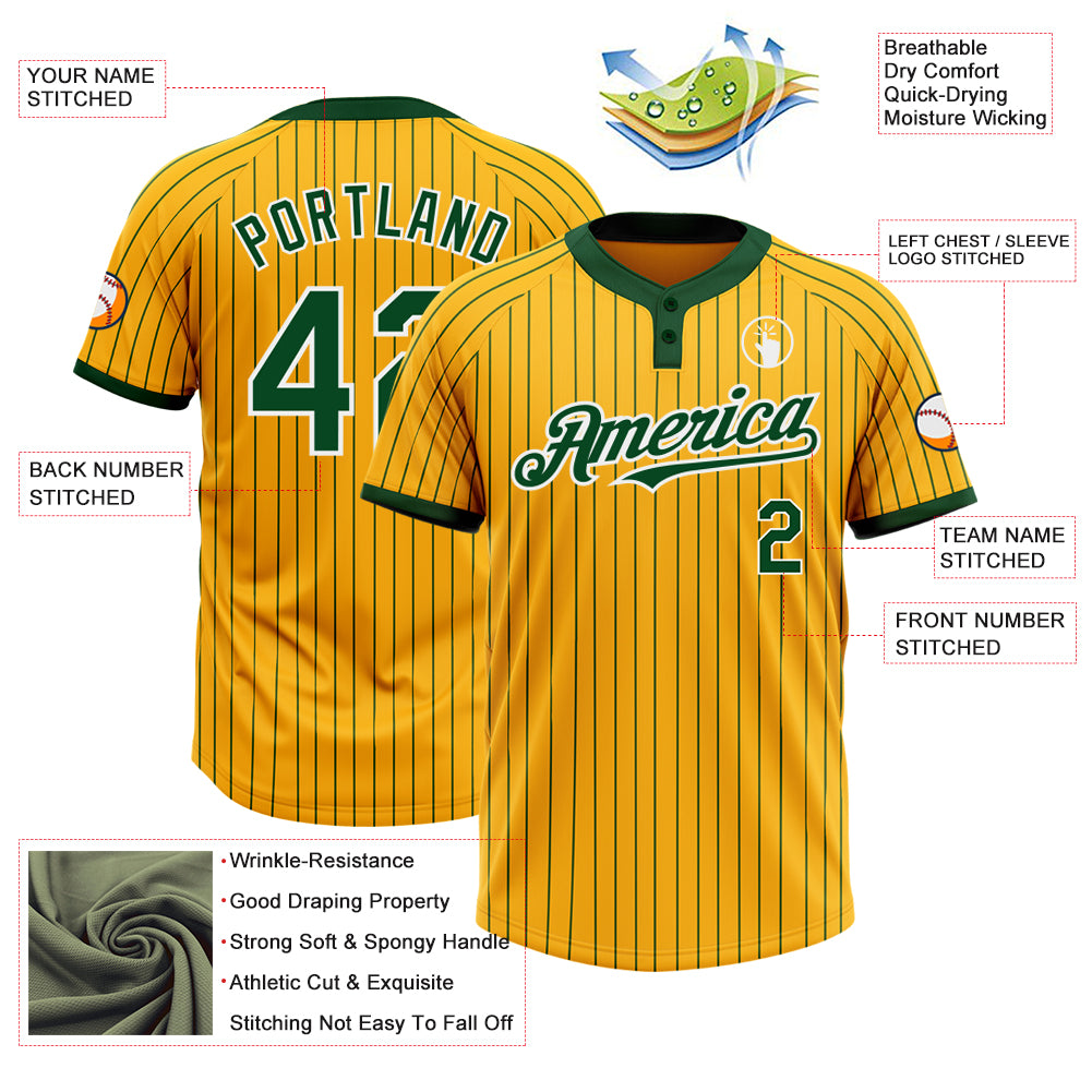 Custom Gold Green Pinstripe White Two-Button Unisex Softball Jersey view 3