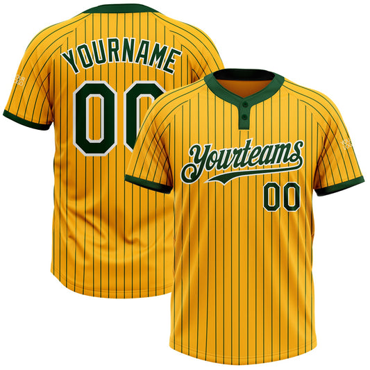 Custom Gold Green Pinstripe White Two-Button Unisex Softball Jersey - Main View