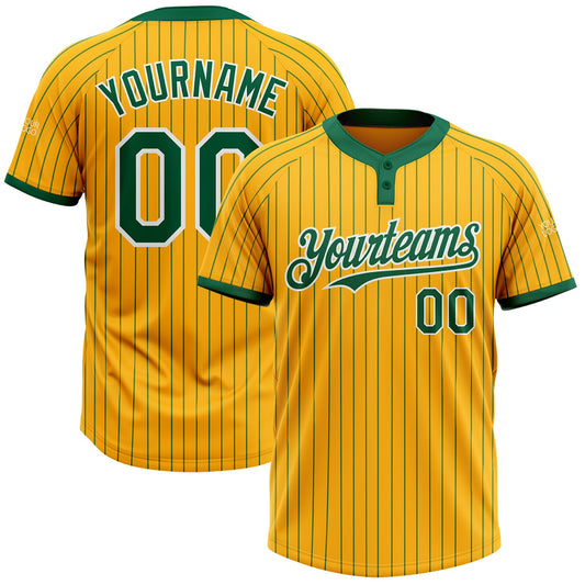 Custom Gold Kelly Green Pinstripe White Two-Button Unisex Softball Jersey - Main View