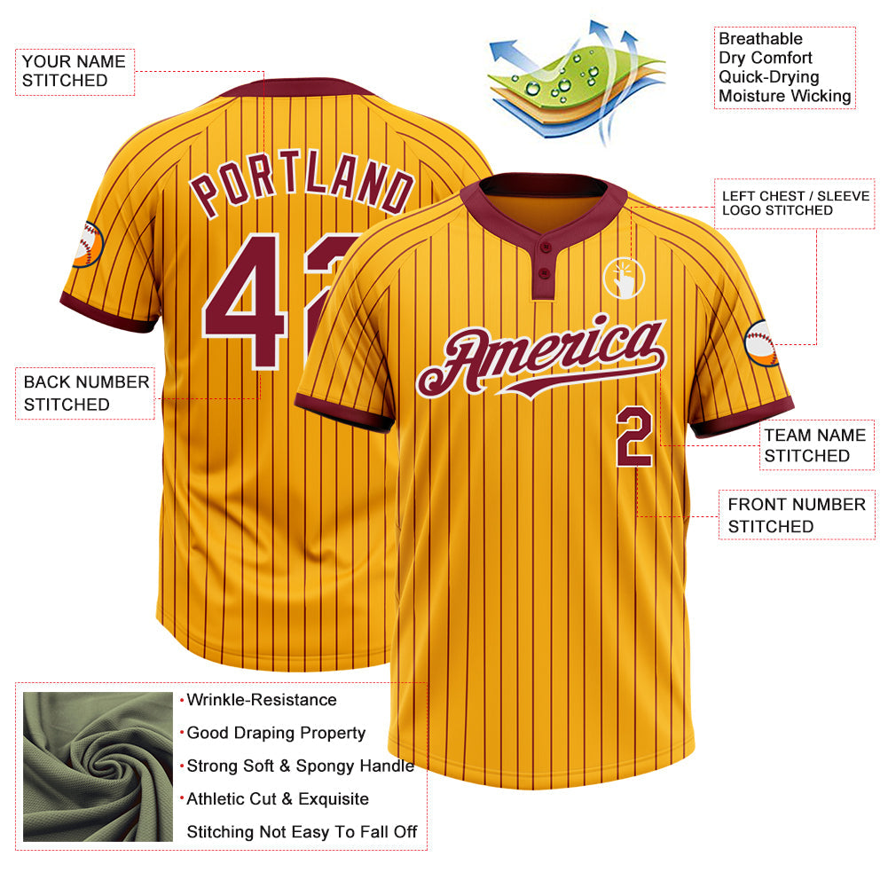 Custom Gold Crimson Pinstripe White Two-Button Unisex Softball Jersey view 3