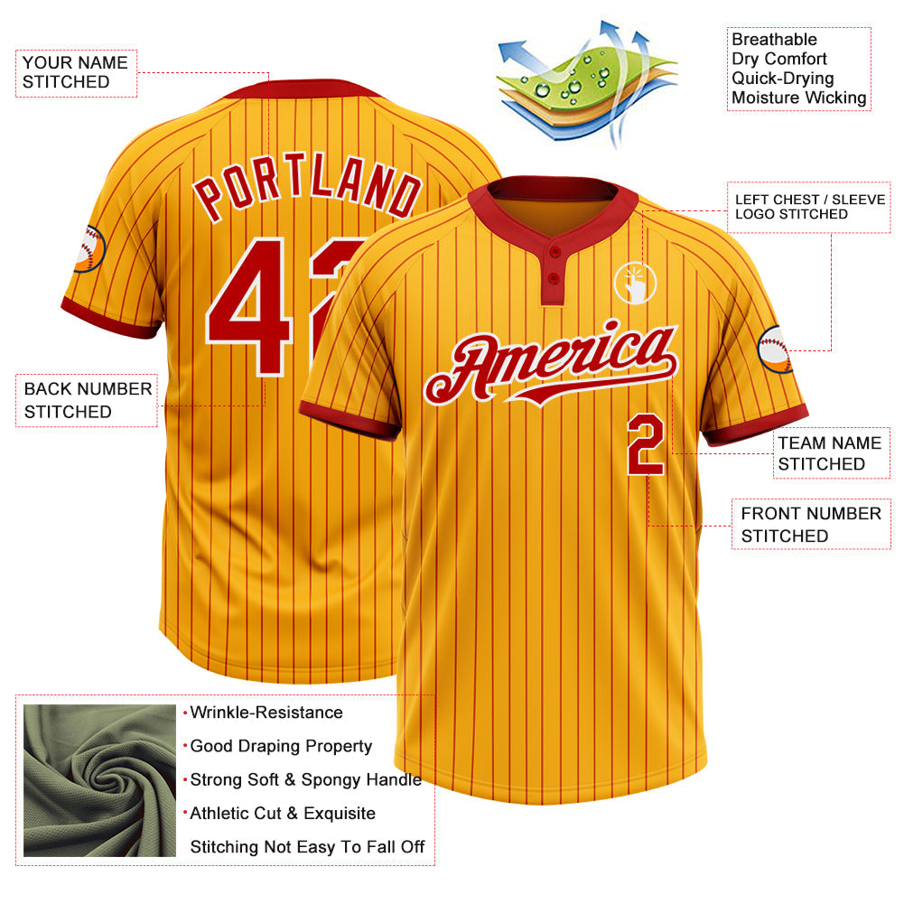 Custom Gold Red Pinstripe White Two-Button Unisex Softball Jersey view 3