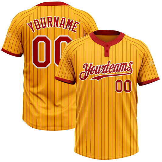 Custom Gold Red Pinstripe White Two-Button Unisex Softball Jersey - Main View