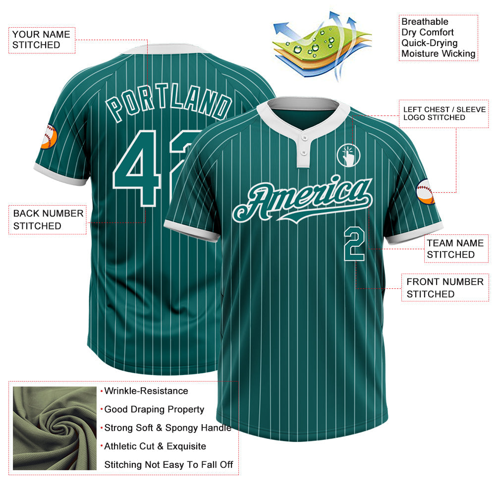 Custom Teal White Pinstripe White Two-Button Unisex Softball Jersey view 3