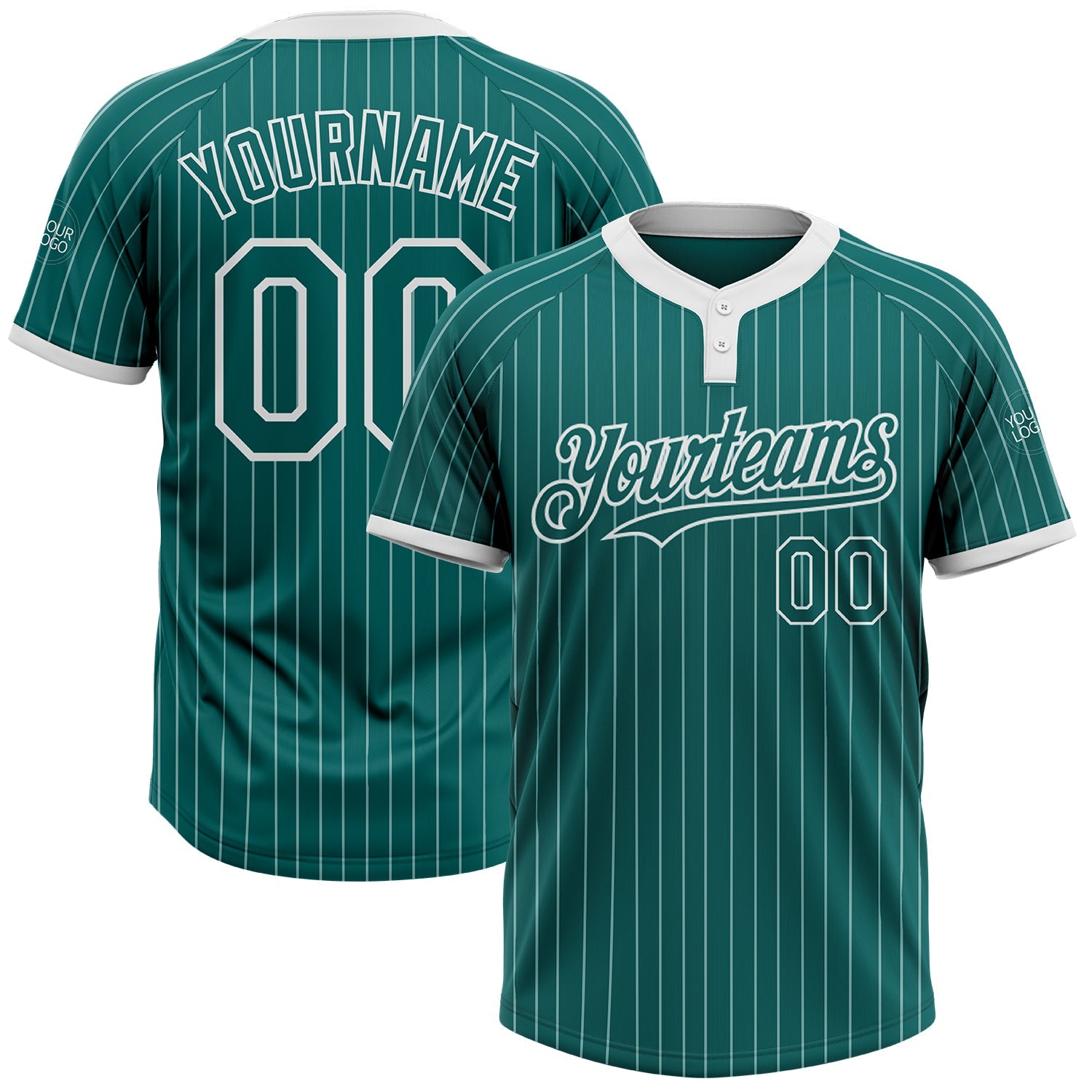 Custom Teal White Pinstripe White Two-Button Unisex Softball Jersey - Main View