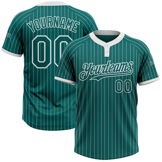 Custom Teal White Pinstripe White Two-Button Unisex Softball Jersey - Main View