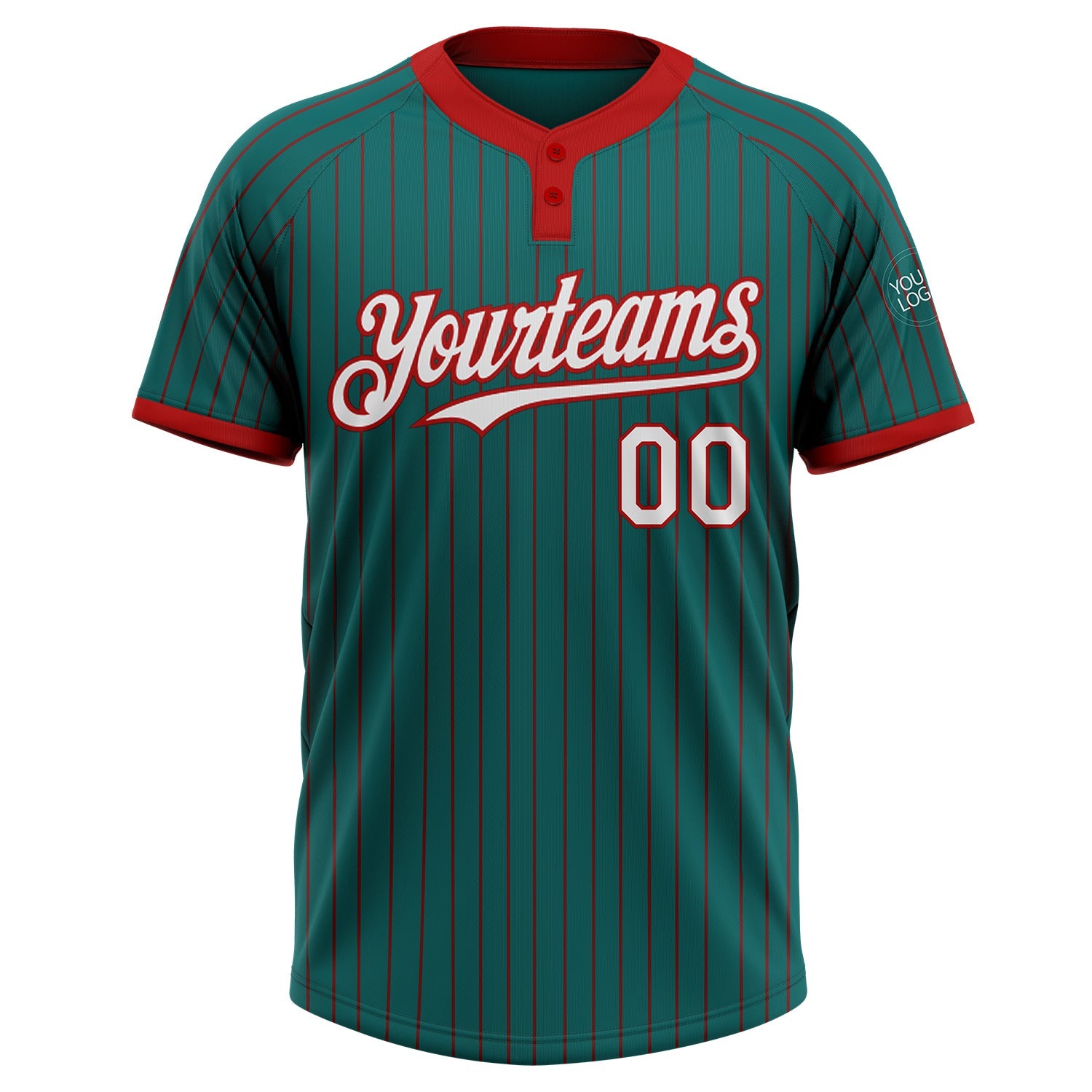 Custom Teal Red Pinstripe White Two-Button Unisex Softball Jersey view 2