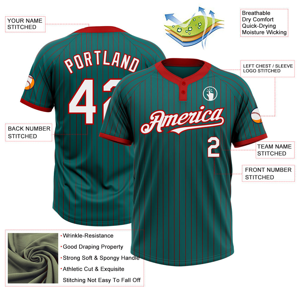 Custom Teal Red Pinstripe White Two-Button Unisex Softball Jersey view 3