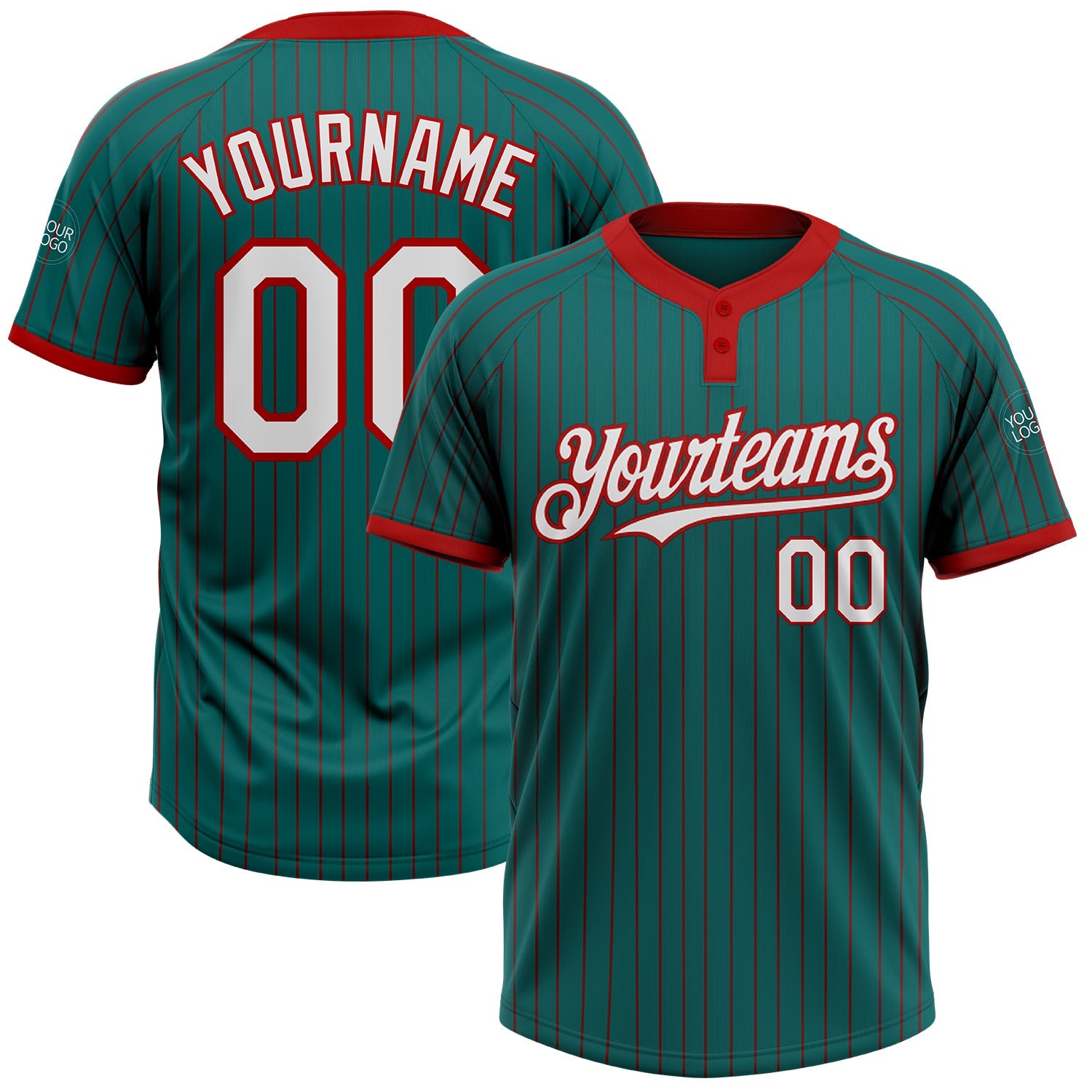 Custom Teal Red Pinstripe White Two-Button Unisex Softball Jersey - Main View
