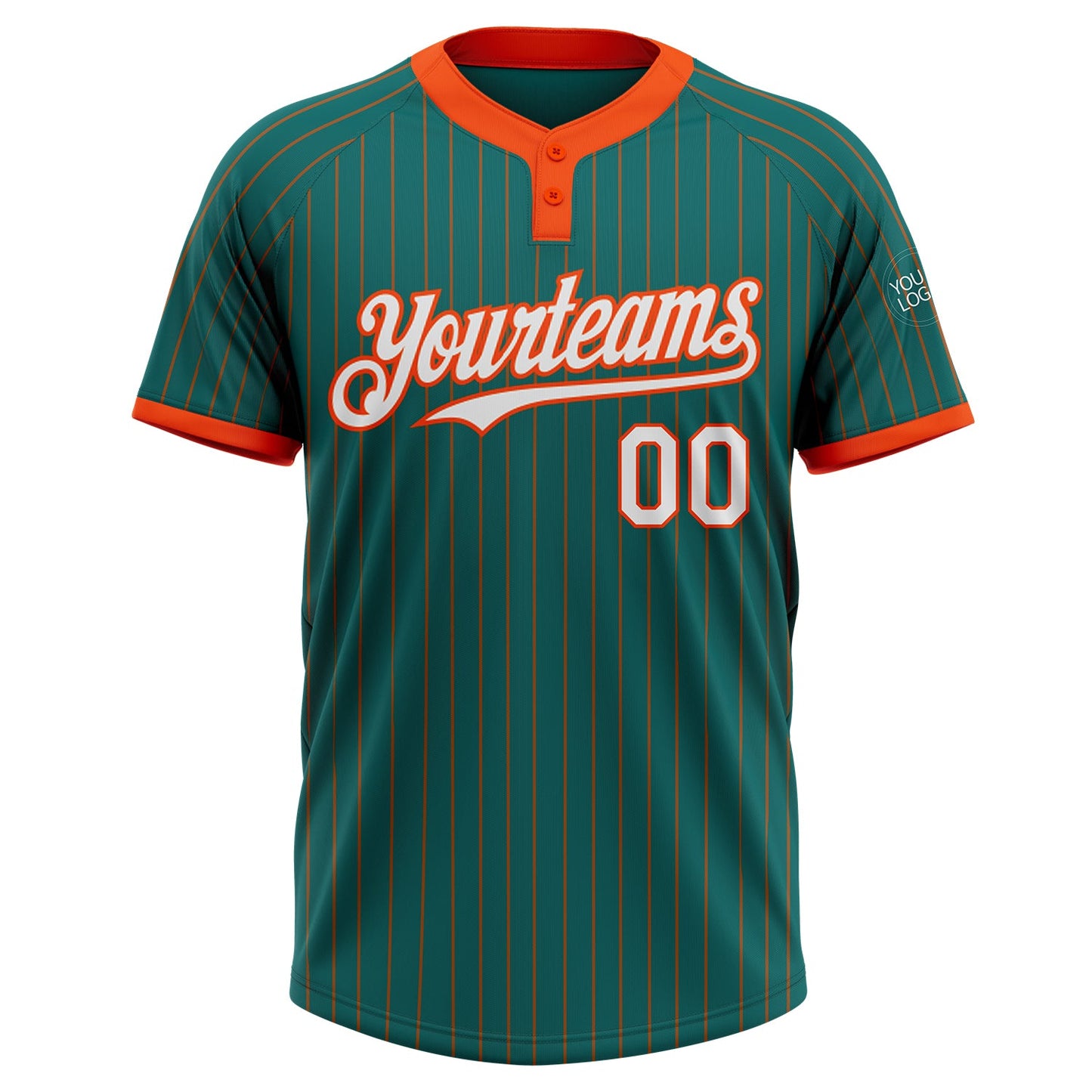 Custom Teal Orange Pinstripe White Two-Button Unisex Softball Jersey view 2