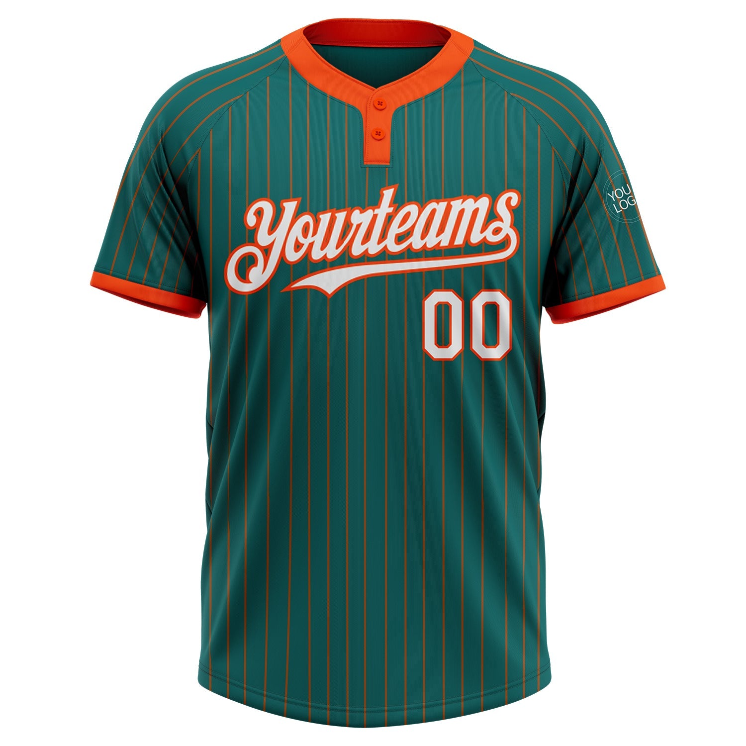 Custom Teal Orange Pinstripe White Two-Button Unisex Softball Jersey view 2