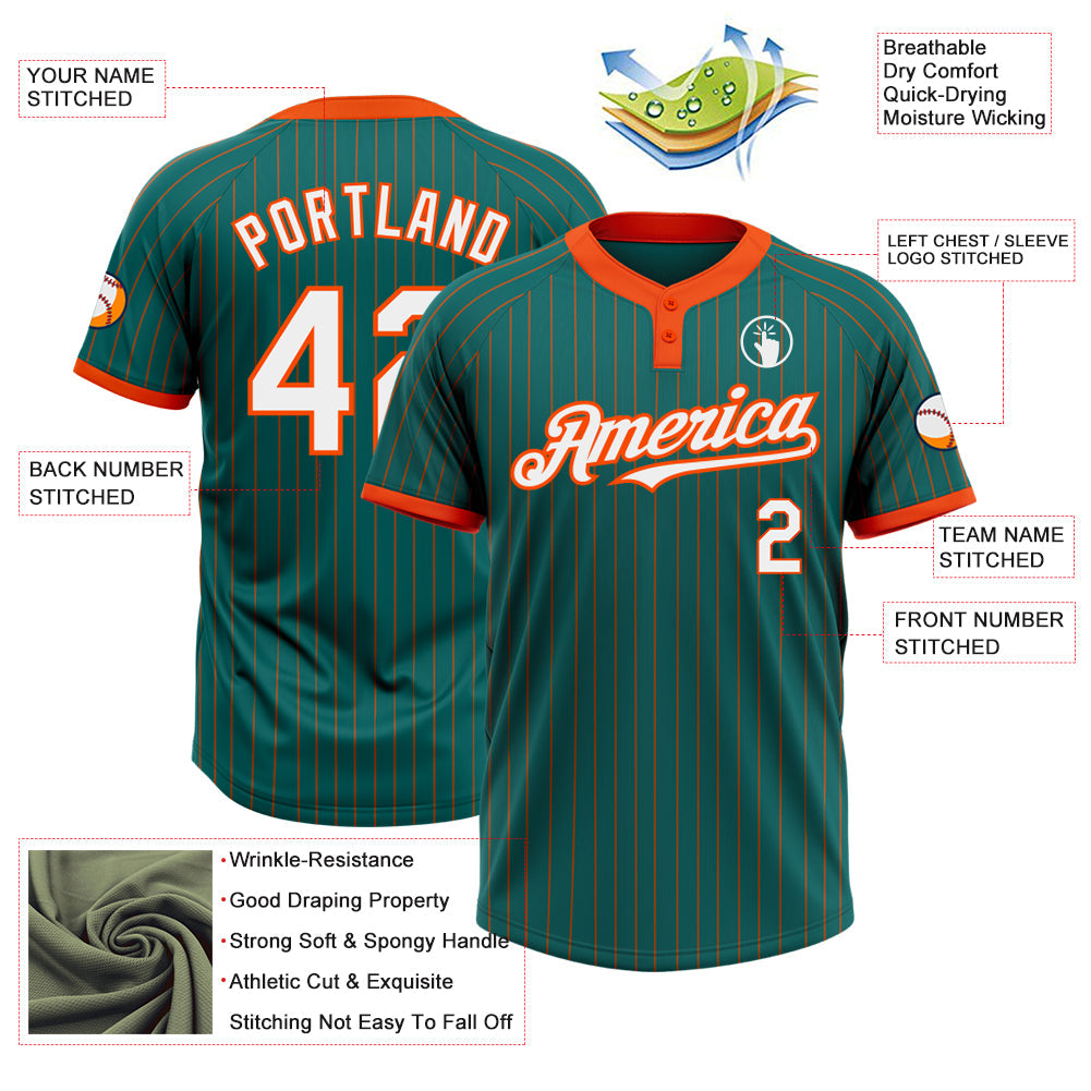 Custom Teal Orange Pinstripe White Two-Button Unisex Softball Jersey view 3
