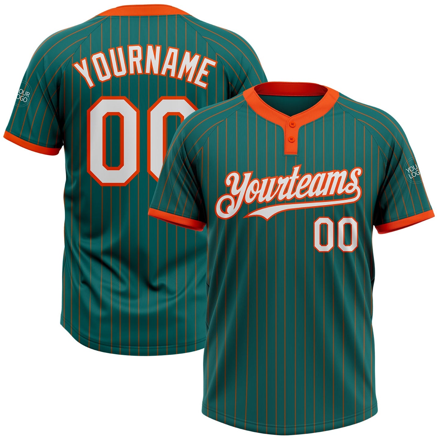 Custom Teal Orange Pinstripe White Two-Button Unisex Softball Jersey - Main View
