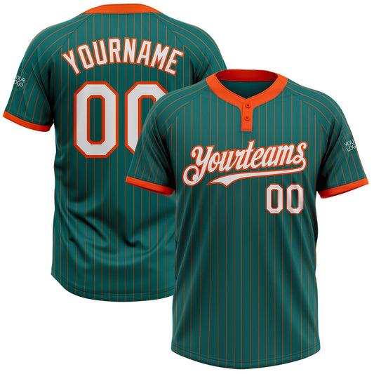 Custom Teal Orange Pinstripe White Two-Button Unisex Softball Jersey - Main View