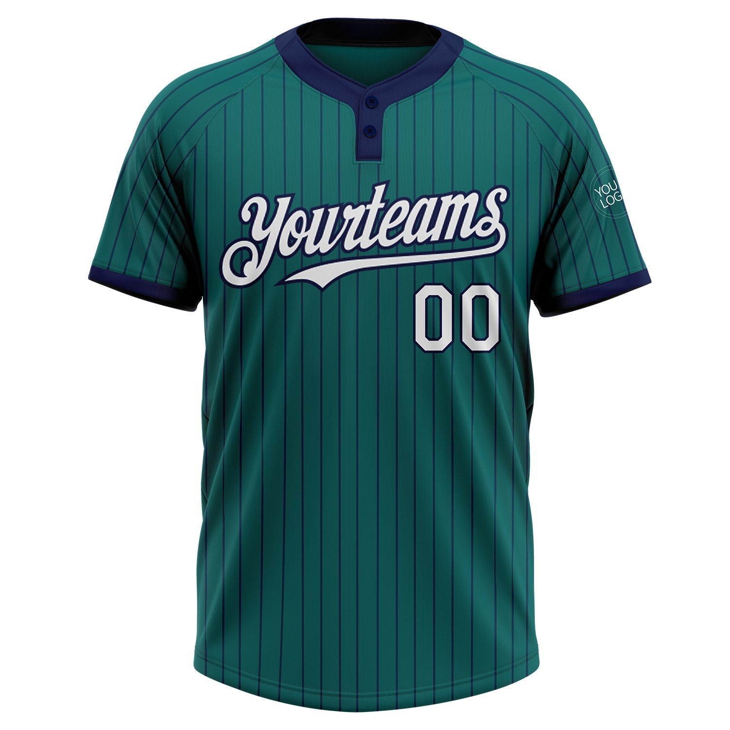 Custom Teal Navy Pinstripe White Two-Button Unisex Softball Jersey view 2