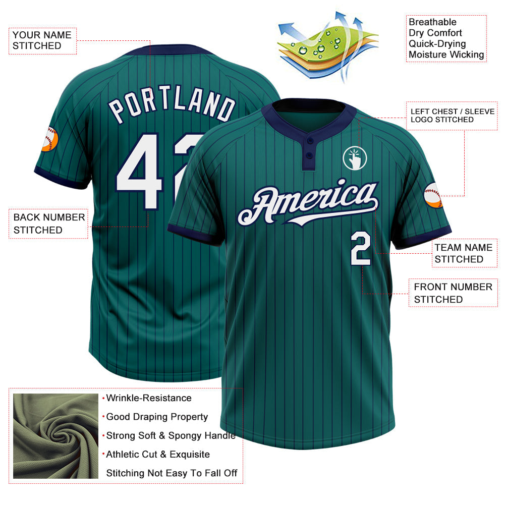 Custom Teal Navy Pinstripe White Two-Button Unisex Softball Jersey view 3