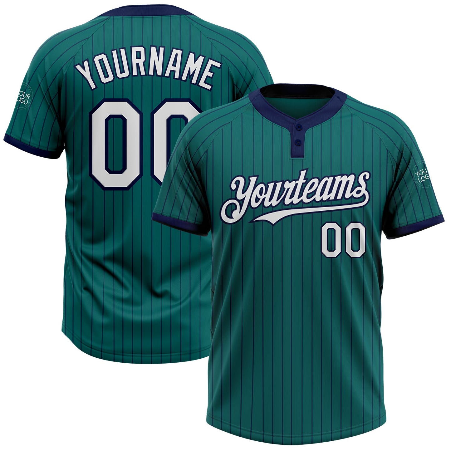 Custom Teal Navy Pinstripe White Two-Button Unisex Softball Jersey - Main View