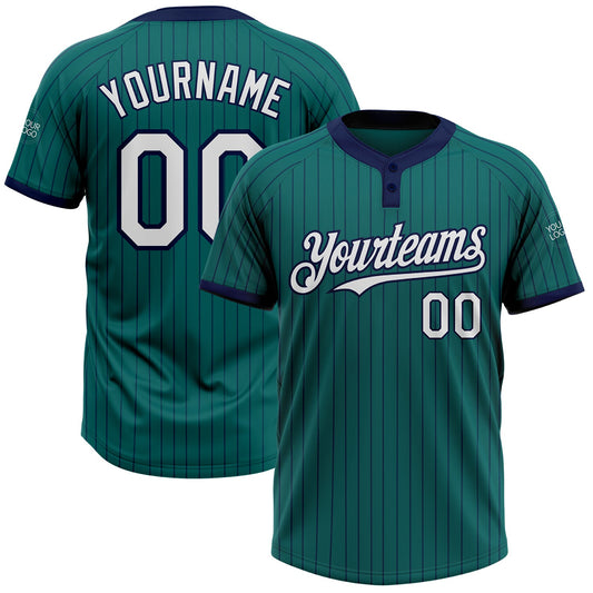 Custom Teal Navy Pinstripe White Two-Button Unisex Softball Jersey - Main View