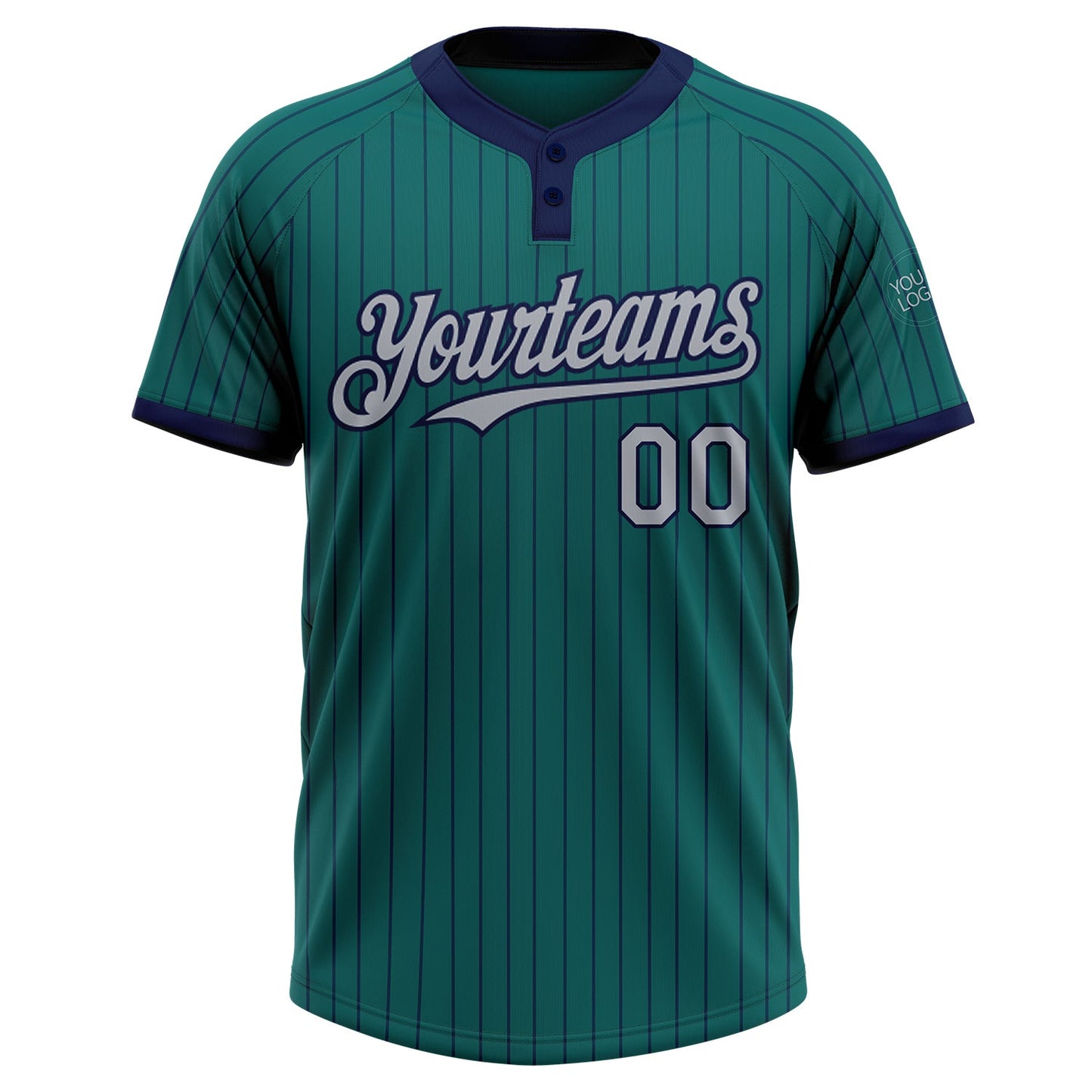 Custom Teal Navy Pinstripe Gray Two-Button Unisex Softball Jersey view 2