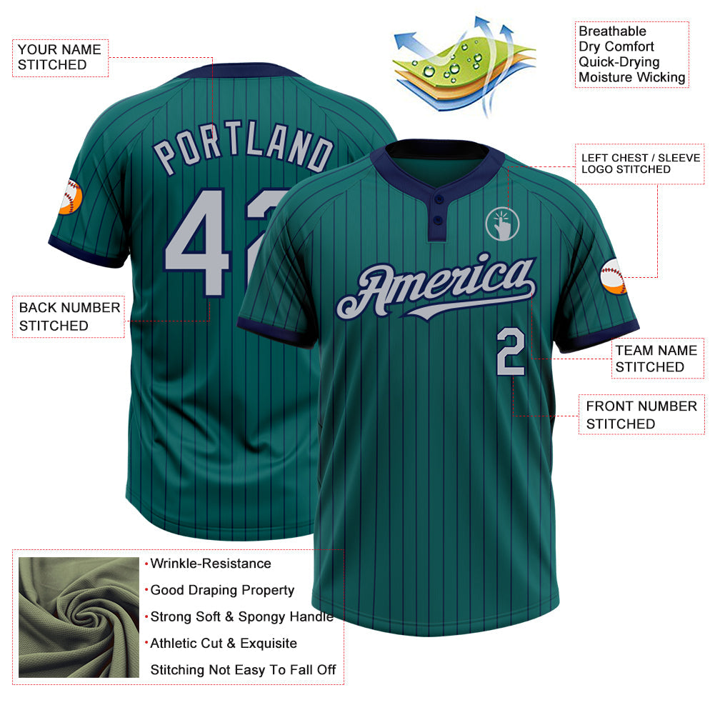 Custom Teal Navy Pinstripe Gray Two-Button Unisex Softball Jersey view 3