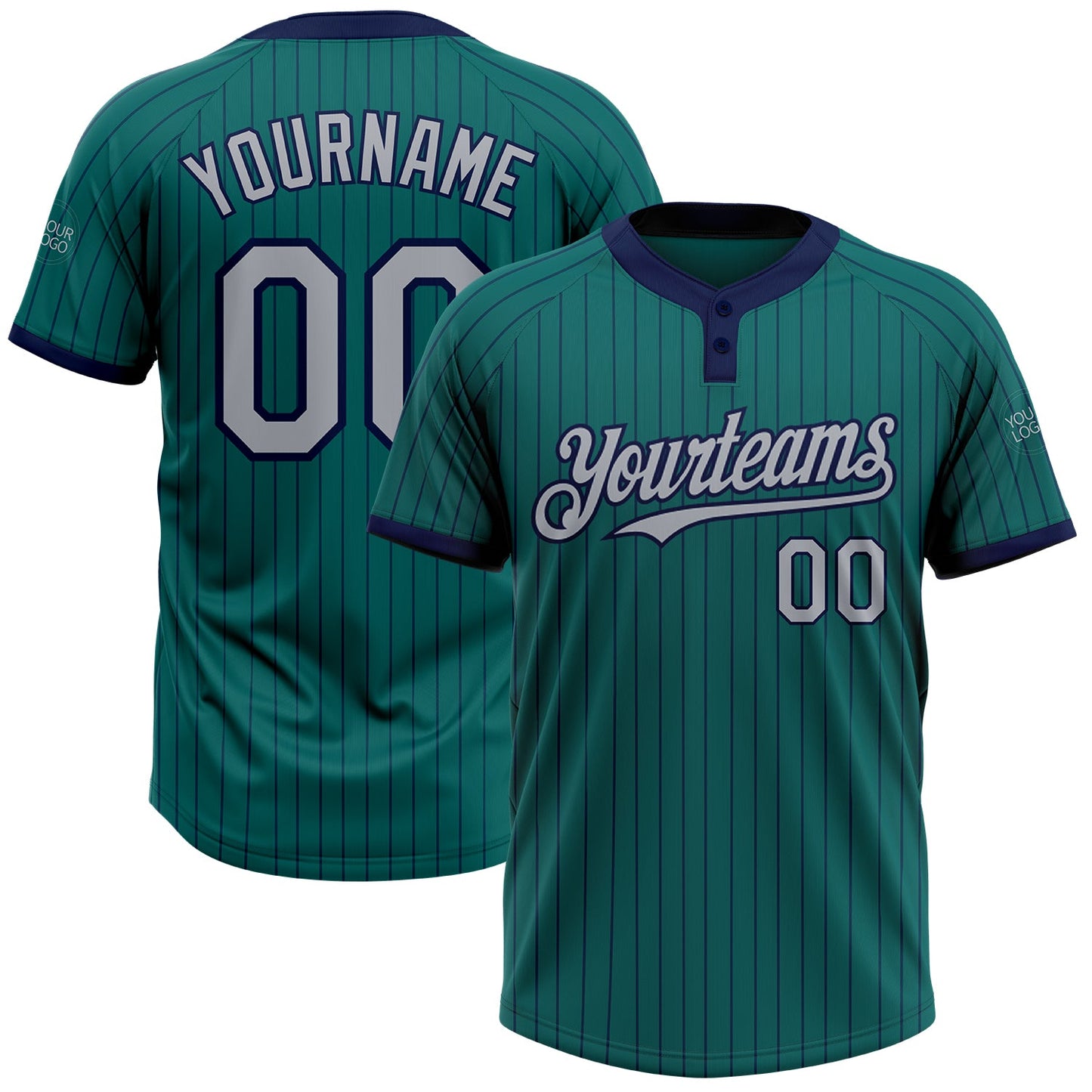 Custom Teal Navy Pinstripe Gray Two-Button Unisex Softball Jersey - Main View