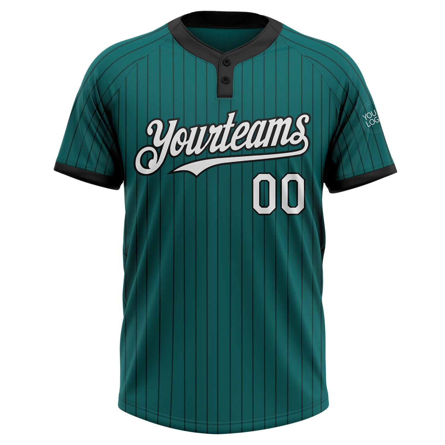 Custom Teal Black Pinstripe White Two-Button Unisex Softball Jersey view 2