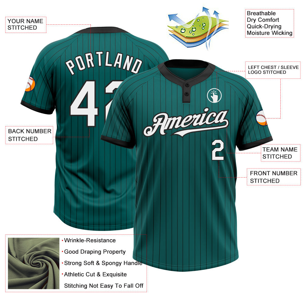 Custom Teal Black Pinstripe White Two-Button Unisex Softball Jersey view 3
