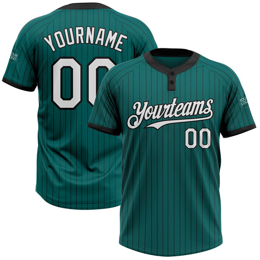 Custom Teal Black Pinstripe White Two-Button Unisex Softball Jersey - Main View