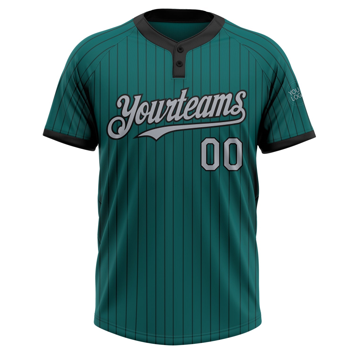 Custom Teal Black Pinstripe Gray Two-Button Unisex Softball Jersey view 2