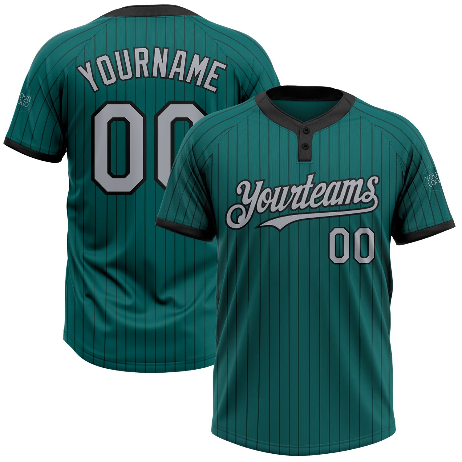 Custom Teal Black Pinstripe Gray Two-Button Unisex Softball Jersey - Main View