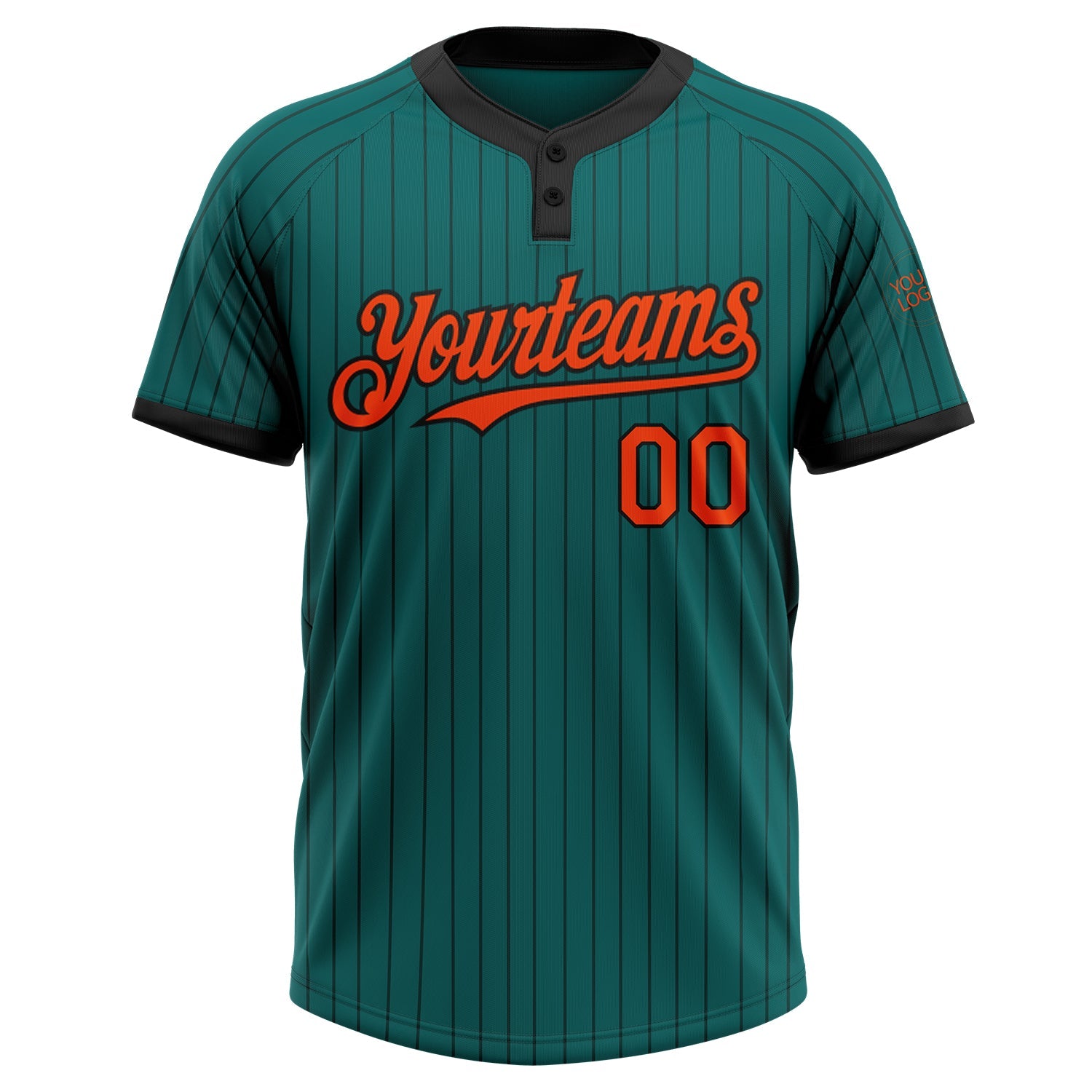 Custom Teal Black Pinstripe Orange Two-Button Unisex Softball Jersey view 2