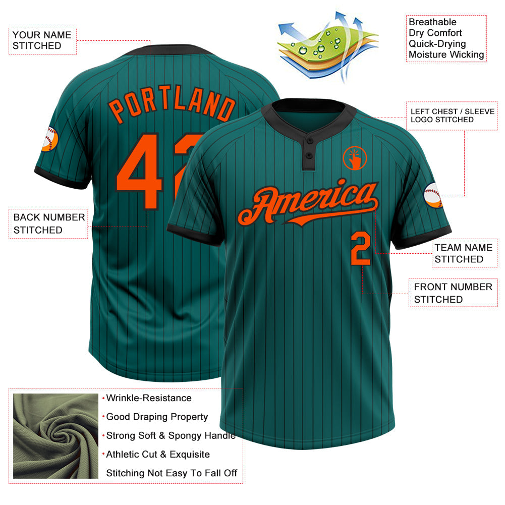 Custom Teal Black Pinstripe Orange Two-Button Unisex Softball Jersey view 3