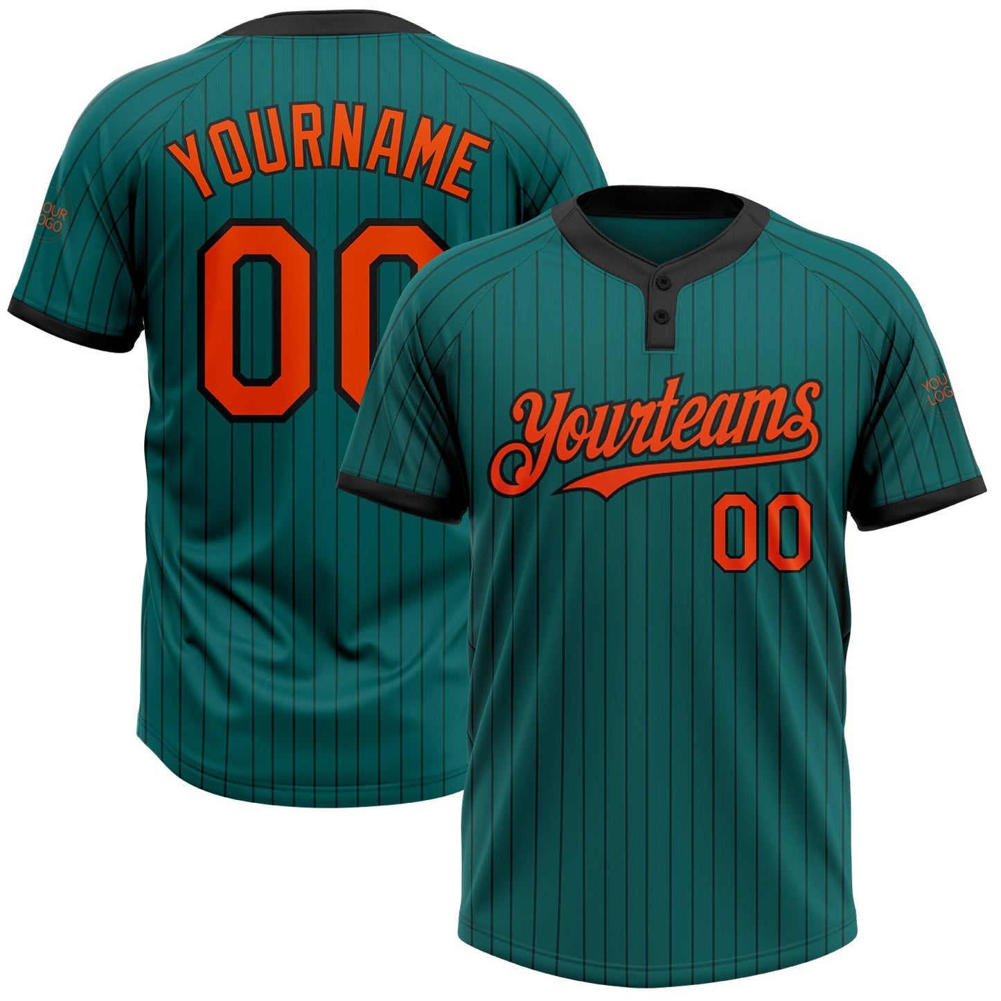 Custom Teal Black Pinstripe Orange Two-Button Unisex Softball Jersey - Main View