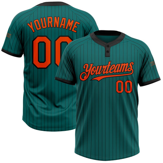 Custom Teal Black Pinstripe Orange Two-Button Unisex Softball Jersey - Main View
