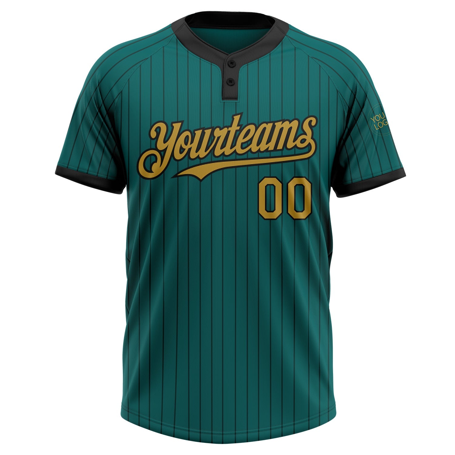 Custom Teal Black Pinstripe Old Gold Two-Button Unisex Softball Jersey view 2