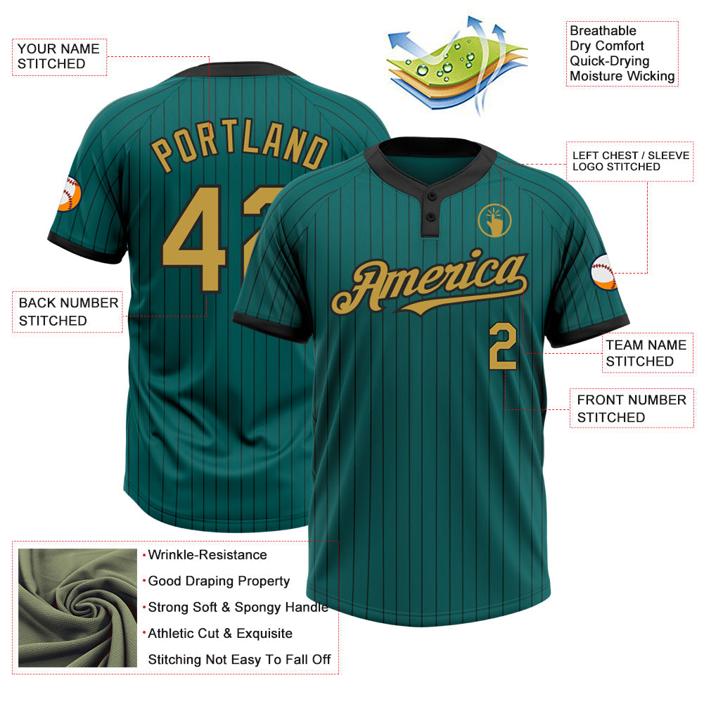 Custom Teal Black Pinstripe Old Gold Two-Button Unisex Softball Jersey view 3