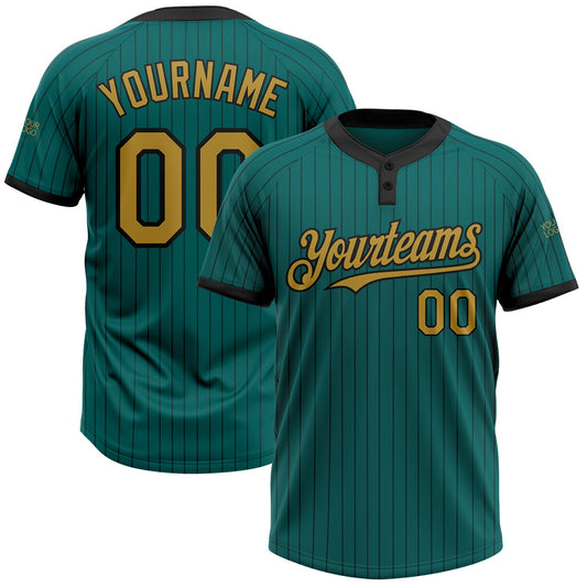 Custom Teal Black Pinstripe Old Gold Two-Button Unisex Softball Jersey - Main View