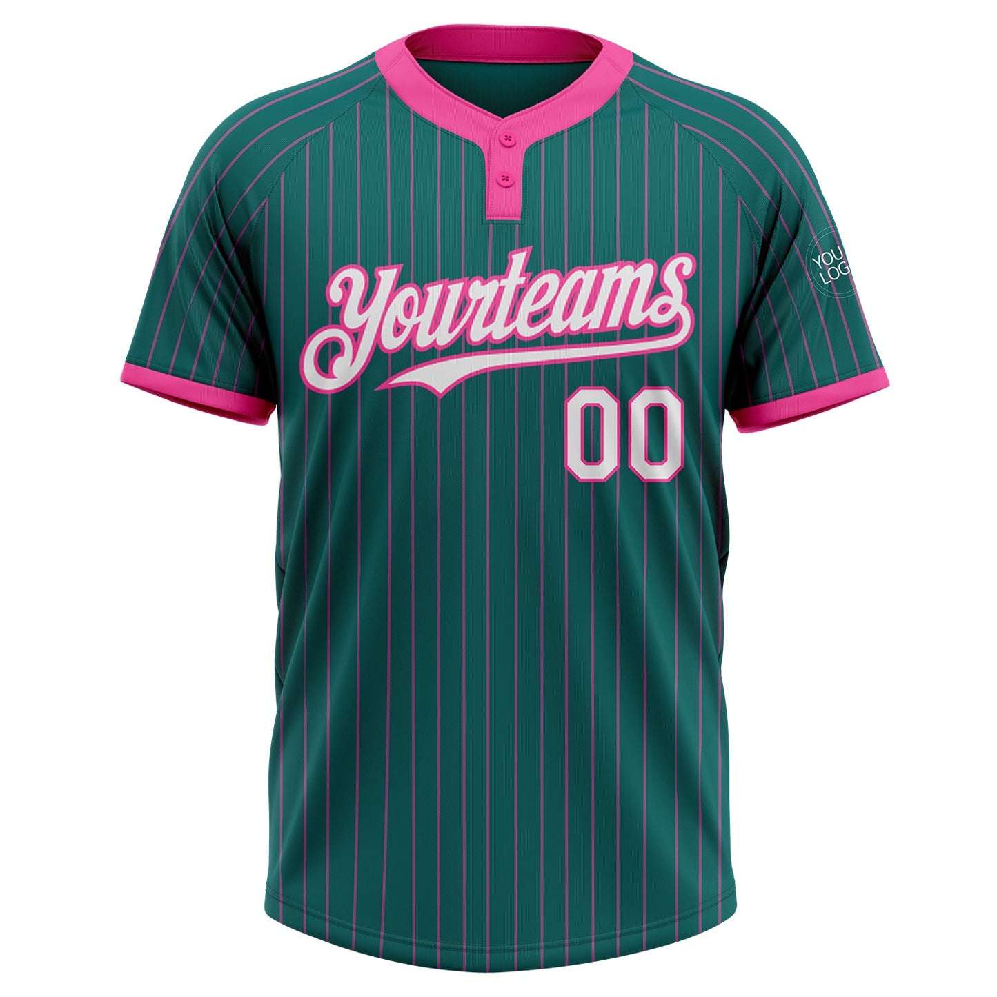 Custom Teal Pink Pinstripe White Two-Button Unisex Softball Jersey view 2