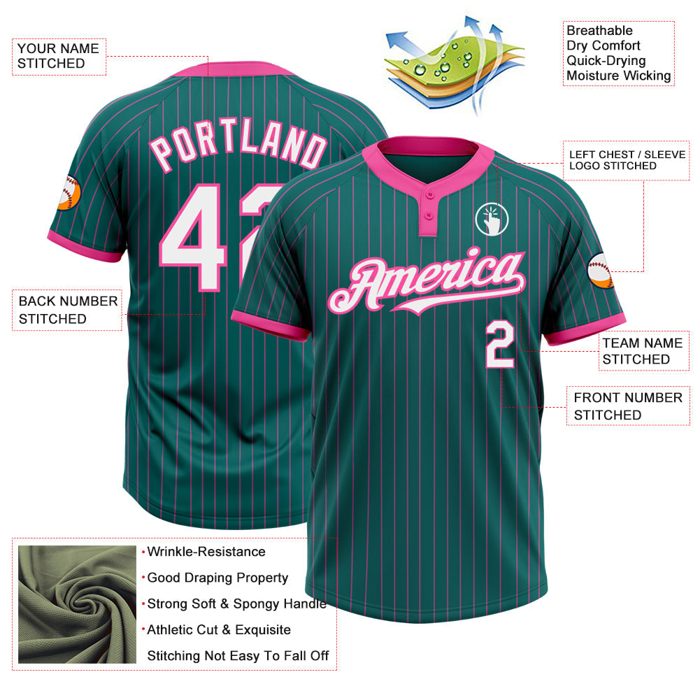 Custom Teal Pink Pinstripe White Two-Button Unisex Softball Jersey view 3