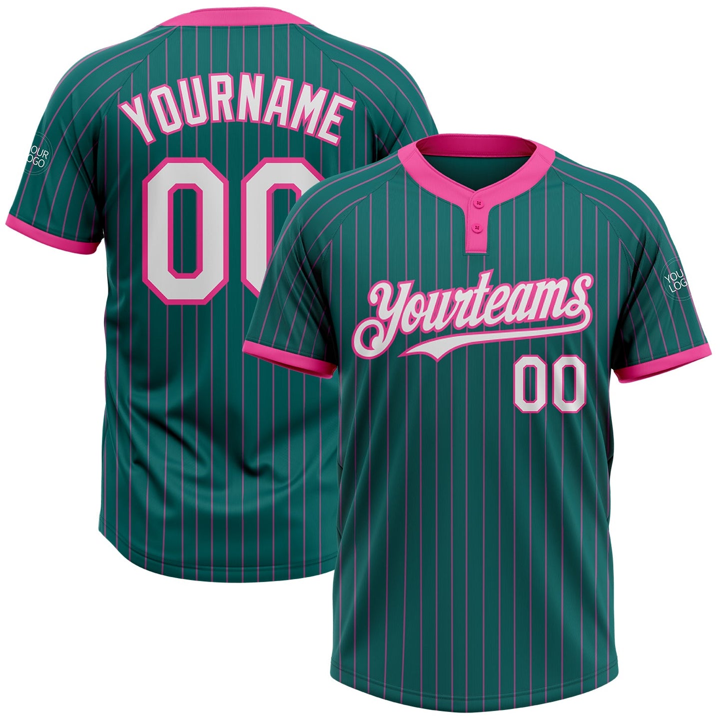 Custom Teal Pink Pinstripe White Two-Button Unisex Softball Jersey - Main View