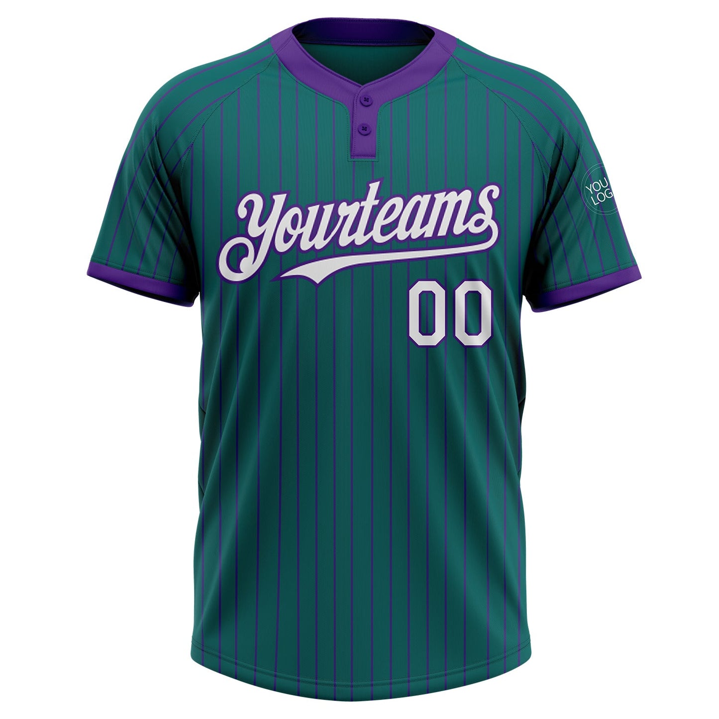 Custom Teal Purple Pinstripe White Two-Button Unisex Softball Jersey view 2