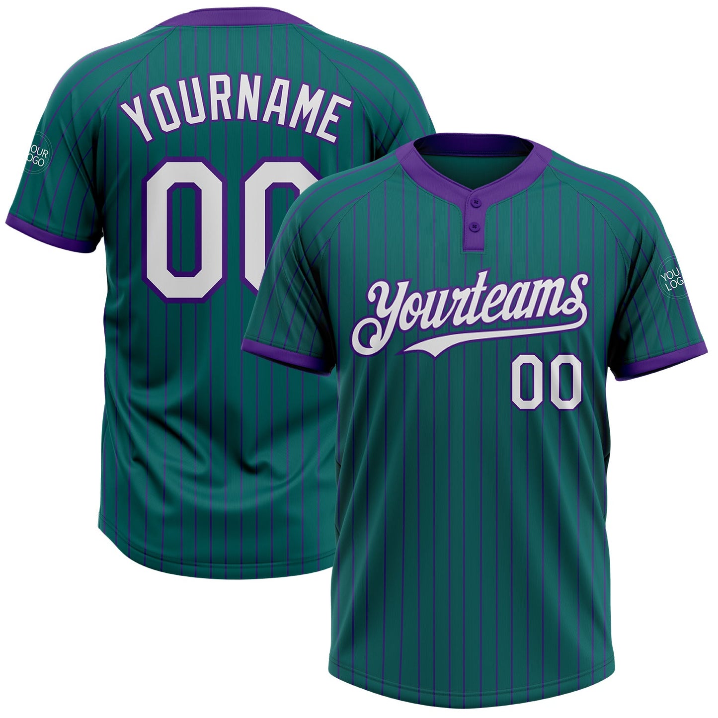 Custom Teal Purple Pinstripe White Two-Button Unisex Softball Jersey - Main View