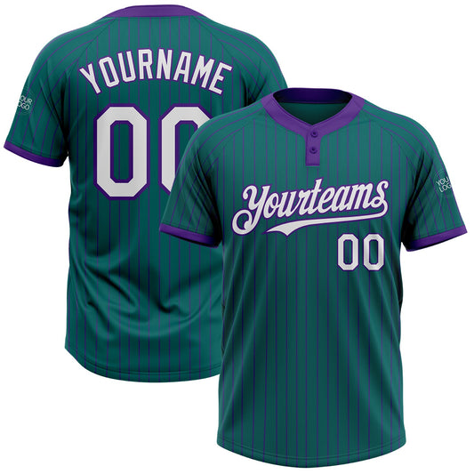 Custom Teal Purple Pinstripe White Two-Button Unisex Softball Jersey - Main View