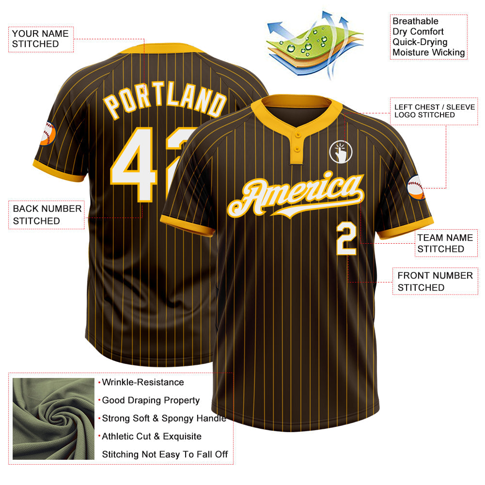 Custom Brown Gold Pinstripe White Two-Button Unisex Softball Jersey view 3